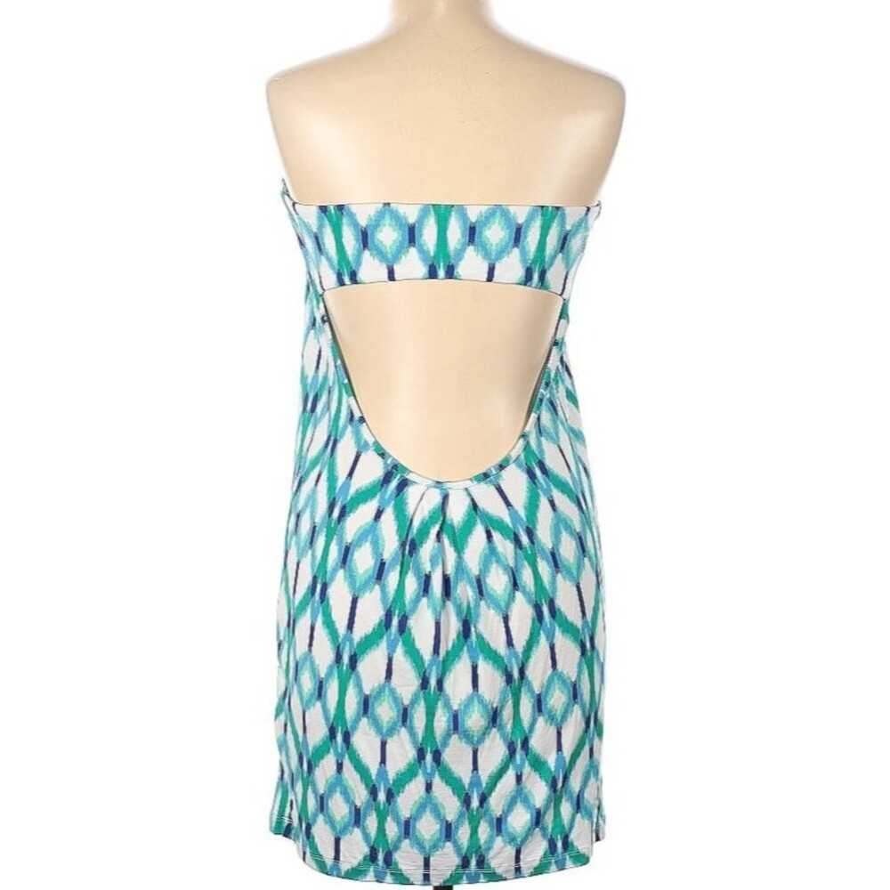 DESIGNER TART MULTICOLOR BLUE PRINT STRAPLESS OPEN BACK SHORT SUMMER DRESS LARGE - Picture 4 of 9